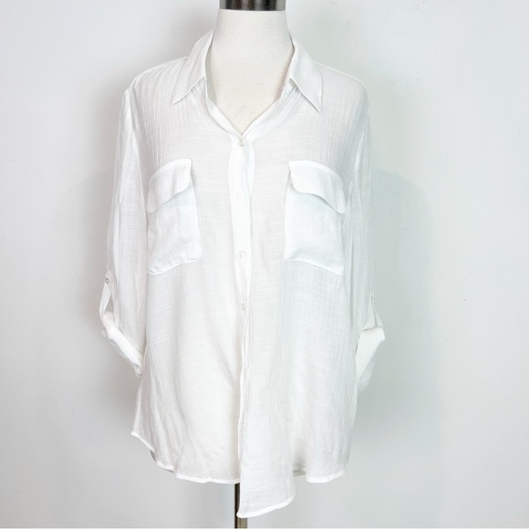 BCX WHITE SEMI SHEER LONG ROLL TAB SLEEVE BUTTON FRONT BLOUSE WOMENS SZ
XL - Picture 1 of 6